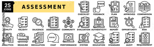 Assessment icon set. Containing checklist, feedback, requirement, approved, comparison, evaluation, authenticity, report and more. Outline vector icons collection