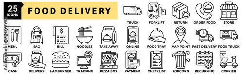 Food delivery icon set. Containing truck, forklift, return, order food, store, menu, bag and more. Outline vector icons collection