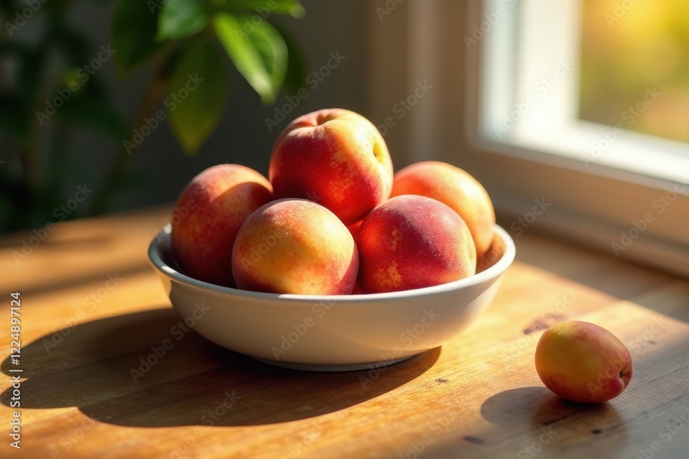 Sunlit Bowl of Ripe Peaches on Wooden Table Sunlit Bowl of Ripe Peaches on Wooden Table