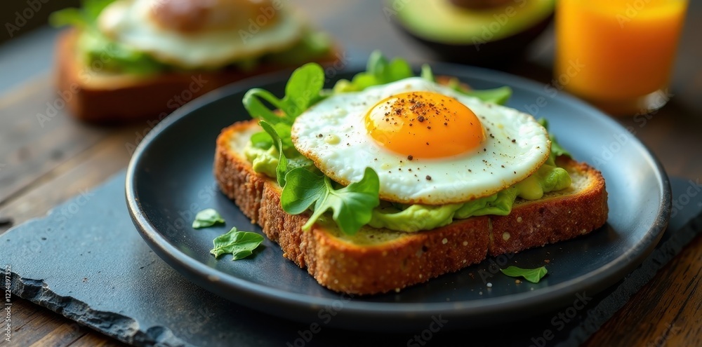 A Delicious Breakfast Toast Topped with a Perfectly Fried Egg, Creamy Avocado Mash, and Fresh Greens Served on a Dark Plate A Delicious Breakfast Toast Topped with a Perfectly Fried Egg, Creamy Avocado Mash, and Fresh Greens Served on a Dark Plate