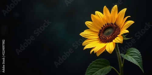 A single vibrant sunflower against a dark backdrop, showcasing its radiant petals and rich brown center, a study in natural beauty and contrast.