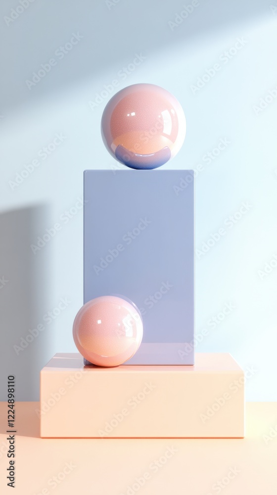 Elegant display of geometric shapes and pastel spheres on a soft surface in a serene, light-filled space Elegant display of geometric shapes and pastel spheres on a soft surface in a serene, light-filled space