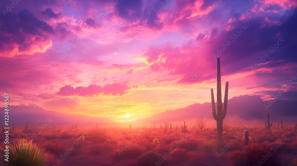 Obraz premium Vibrant desert sunset over cactus laden landscape with dramatic sky