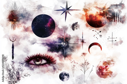 Collage of planets, stars, eye, feather and plants representing spirituality