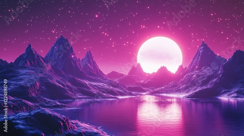 Pink moon over mountains and water with stars in the sky creating a surreal landscape