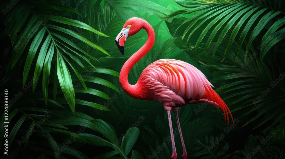 Fototapeta premium Vibrant flamingo amidst lush tropical foliage