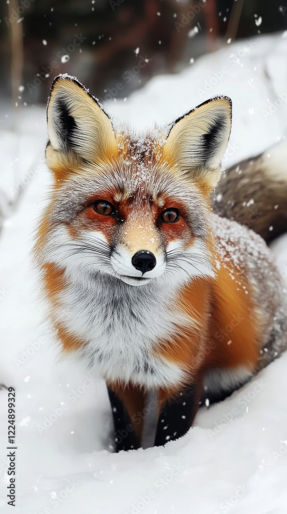 Fototapeta premium Vibrant red fox curiously exploring a snowy landscape during winter's snowfall in a serene forest setting