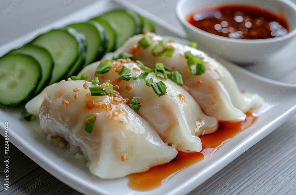 Delicious dumplings served with cucumber slices and spicy dipping sauce on a white plate Delicious dumplings served with cucumber slices and spicy dipping sauce on a white plate