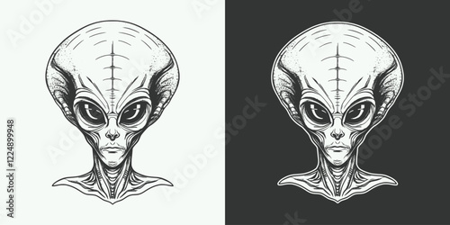 Retro vintage style face portrait of alien ufo humanoid mascot illustration