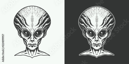 Retro vintage style face portrait of alien ufo humanoid mascot illustration