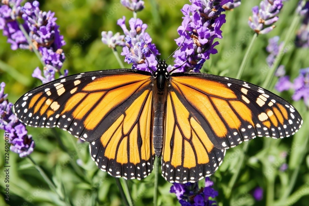 Obraz premium Butterfly on a Flower A monarch butterfly perched on a purple lavender flower under soft sunlight. 