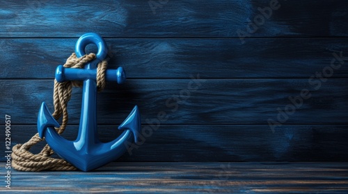 Glossy blue anchor with rope against wooden background