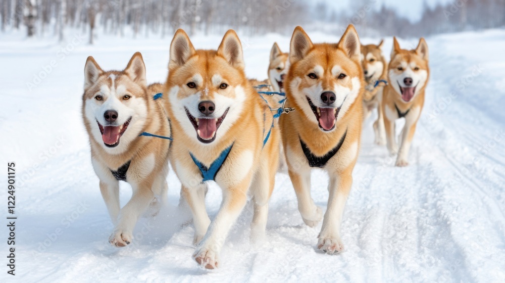 a group of Yakutian sled dogs pulling a sled through a snowy forest, their breath visible in the frosty air