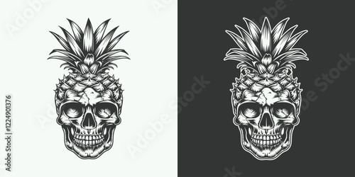 Vintage retro jand drawn engraving illustration of engraving skull with pineapple head decoration plant