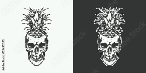 Vintage retro jand drawn engraving illustration of engraving skull with pineapple head decoration plant