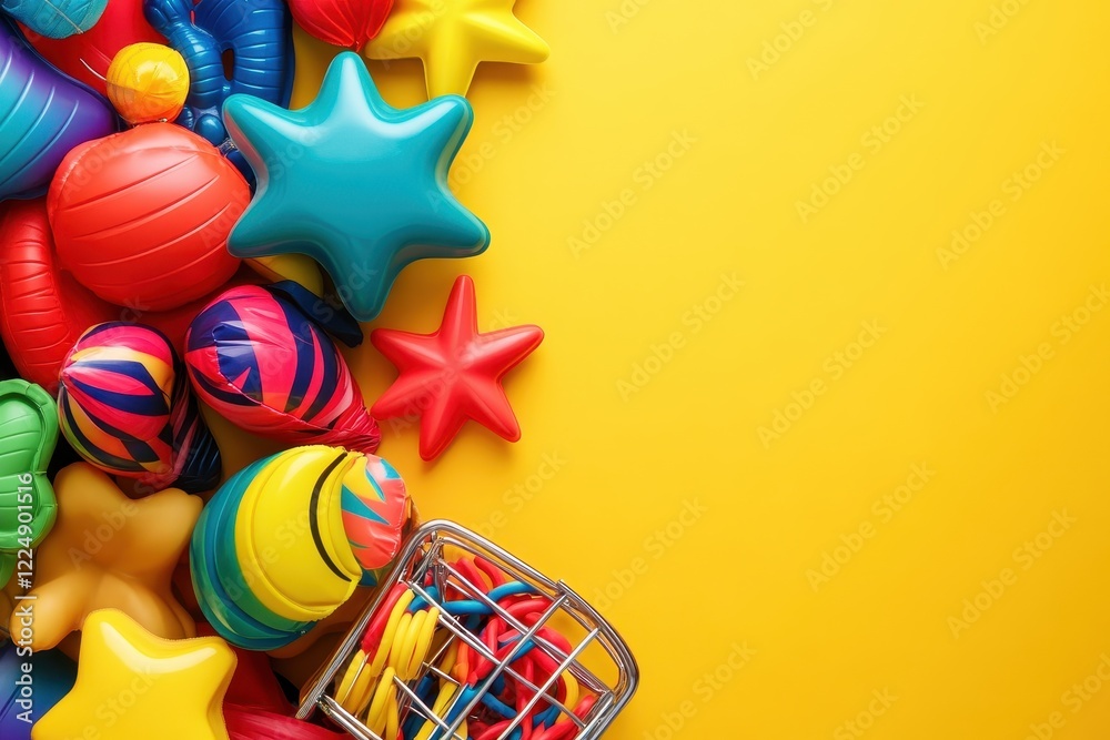 Obraz premium Colorful Playful Toys for Children on a Bright Yellow Background with Shopping Cart