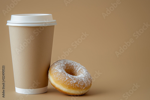 Warm coffee cup beside a powdered sugar donut on a simple background evokes a cozy breakfast moment