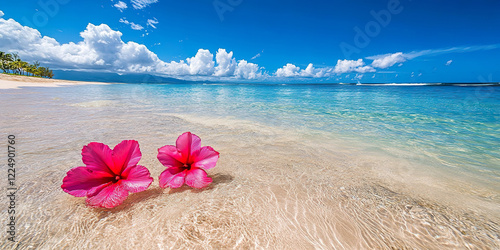 Fototapeta Naklejka Na Ścianę i Meble -  Tropical beach with pink hibiscus flowers on crystal clear shoreline