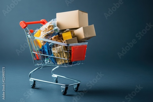 Shopping cart filled with groceries and cardboard boxes on a dark background photo