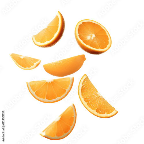 Orange pieces falling down PNG featuring fresh and juicy orange slices in mid-air perfect for organic food campaigns and visuals promoting healthy citrus fruits