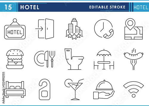 A set of line icons related to Hotel. Room, food, service, call, toilet, star, location, sign, and so on. Vector editable stroke.