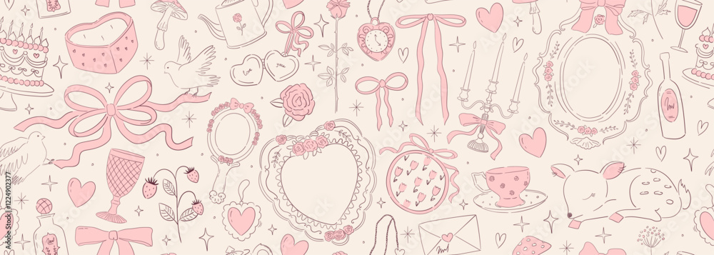 Seamless vector banner with coquette vintage bows, ribbons, candles, cake, cup, teapot. Whimsical line art pattern for wedding invitation, valentine day design. Hand drawn romantic background