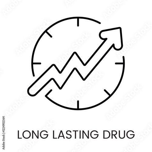 An upward graph inside a clock icon in vector, representing growth or sustained drug efficacy, with an editable stroke