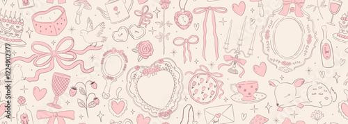 Seamless vector banner with coquette vintage bows, ribbons, candles, cake, cup, teapot. Whimsical line art pattern for wedding invitation, valentine day design. Hand drawn romantic background