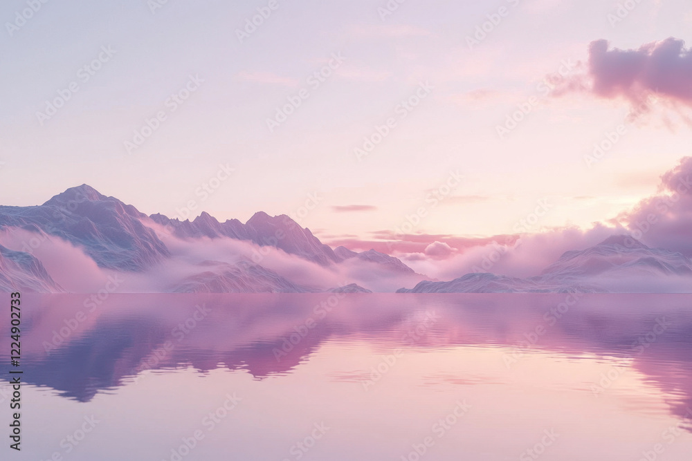 Fototapeta premium Ethereal misty mountain landscape with soft pink reflections