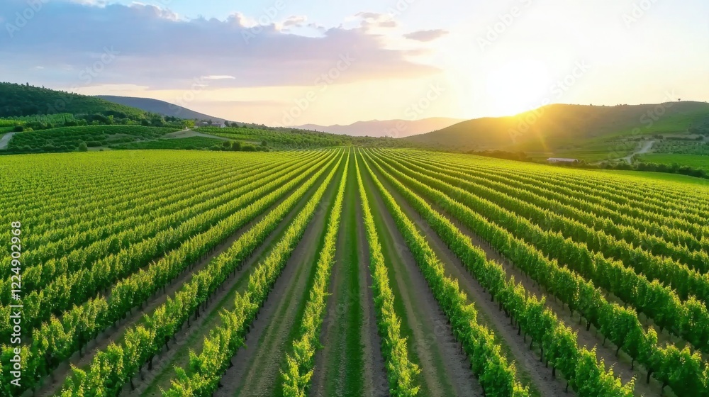 a picturesque vineyard at golden hour, with rows of vines stretching into the horizon a picturesque vineyard at golden hour, with rows of vines stretching into the horizon