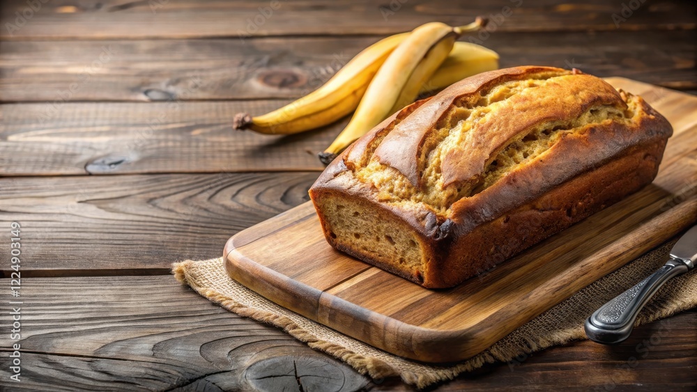 Fototapeta premium Moist banana bread loaf on a rustic wooden cutting board