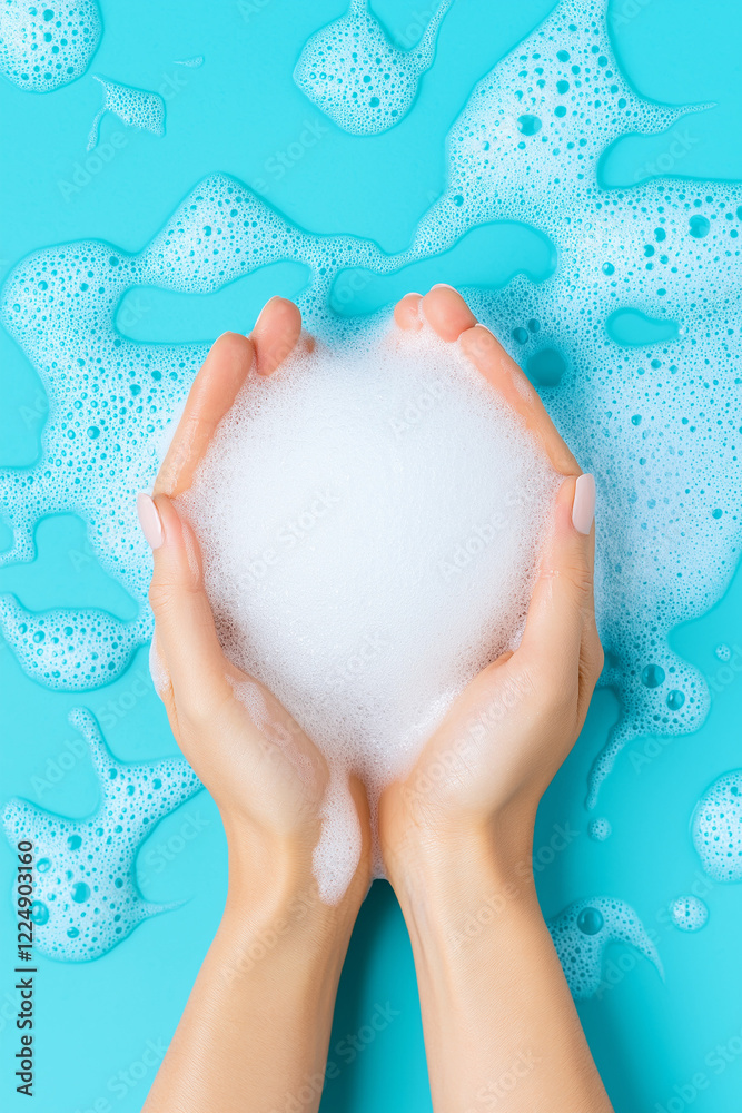 Naklejka premium A hand holding a bubble of soap in a bathtub