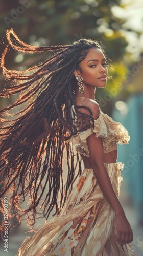 A striking Black woman turns gracefully amidst a sun-drenched environment, her long locs dancing around her with every movement