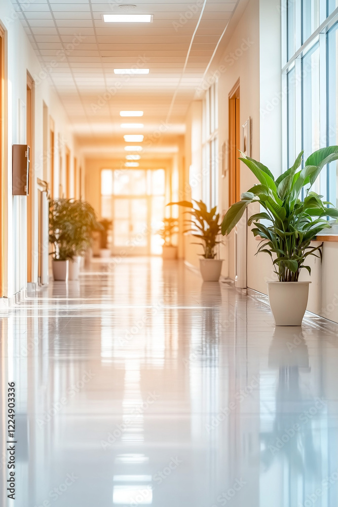 A long hallway with a few potted plants and a large window A long hallway with a few potted plants and a large window
