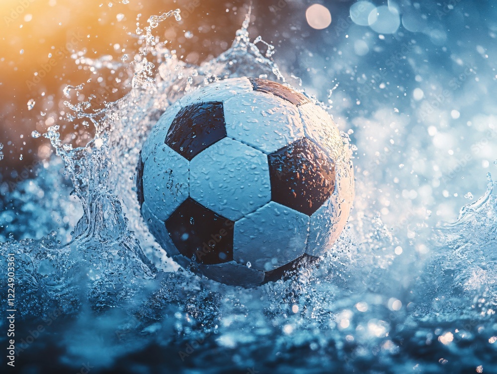 Naklejka premium Soccer ball in motion with splashing water and bright light creating dynamic energy and motion