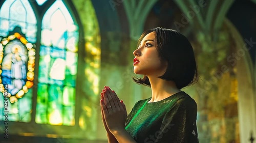 Young Asian female praying in a historic church, soft light streaming through stained glass. Woman finds solitude and peace in the serene church setting. Seeker of tranquility engages in reflective photo