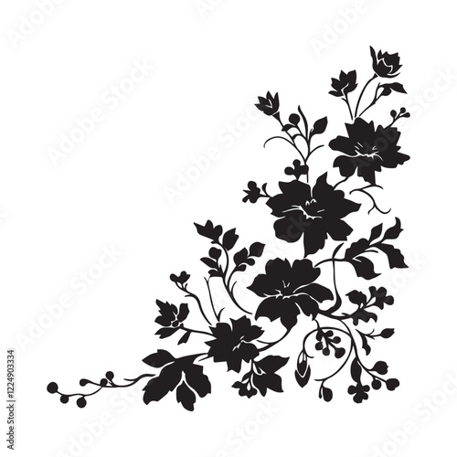black corner flower decoration wedding ornament silhouette illustration on white background