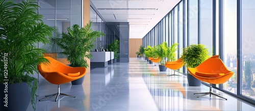 Modern office space with panoramic city view and vibrant orange chairs and plants