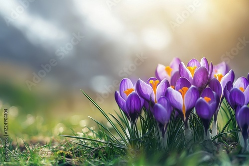 Crocuses bloom in spring sunlight on a grassy hillside, signaling the arrival of warmer days and vibrant colors in nature photo