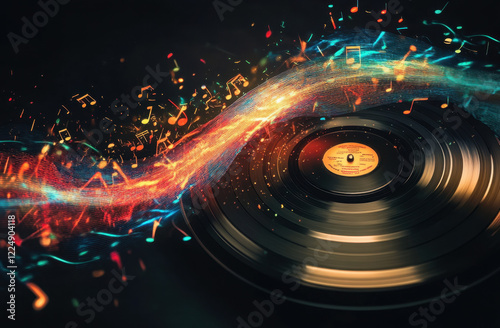 Vinyl record spinning with dynamic sound waves and colorful musical notes in an artistic display of music