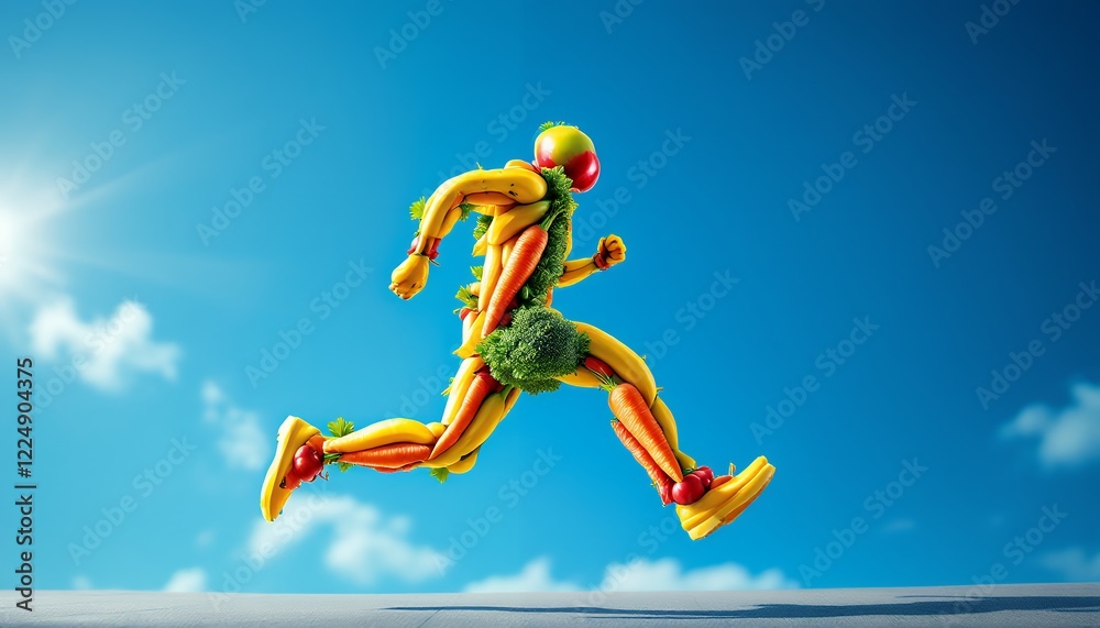 Healthy Lifestyle: A vibrant runner made of fruits and vegetables leaps across a sunny sky, symbolizing the energy and vitality of a nutritious diet and active living. Healthy Lifestyle: A vibrant runner made of fruits and vegetables leaps across a sunny sky, symbolizing the energy and vitality of a nutritious diet and active living.