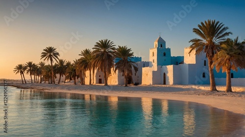 Tranquil view of Djerba's shoreline featuring palm trees and historic architecture at sunset