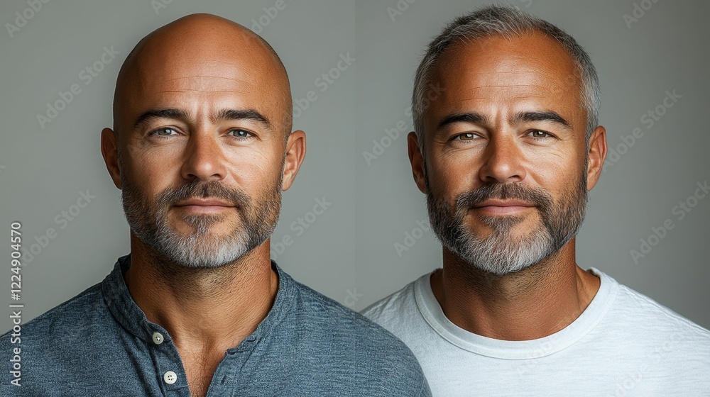 Obraz premium two photos of happy male patient before and after hair transplant, concept treatment of alopecia, hair transplant surgery result