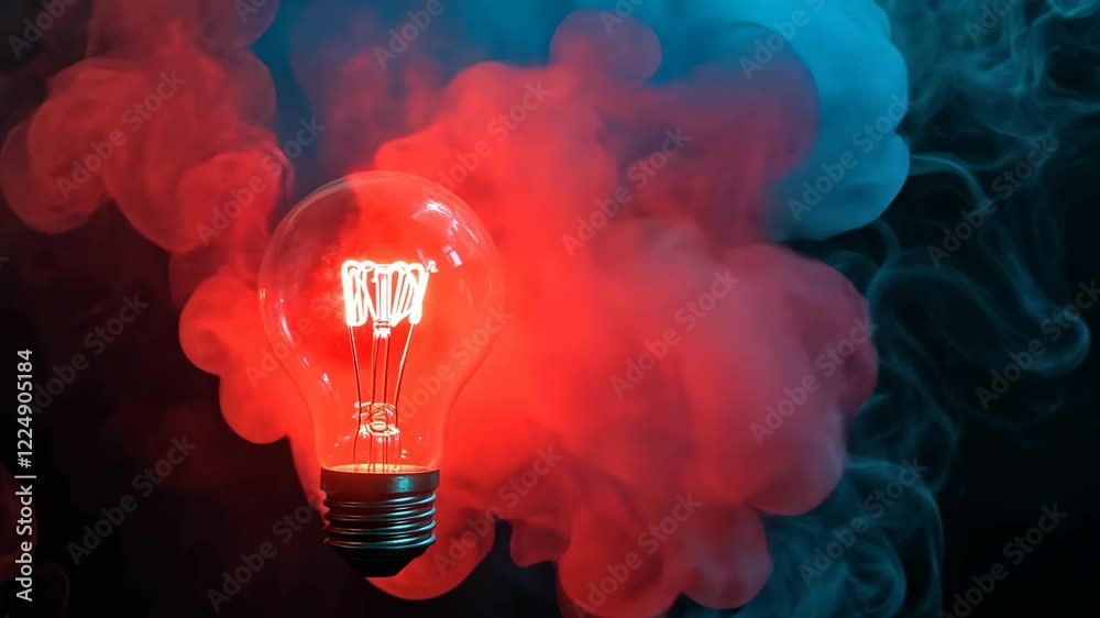 Bright red light bulb surrounded by colorful smoke creating a mesmerizing visual effect