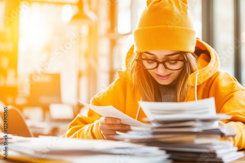 A college applicant nervously handing in their application form at the admissions office, with a stack of other forms visible on the desk photo