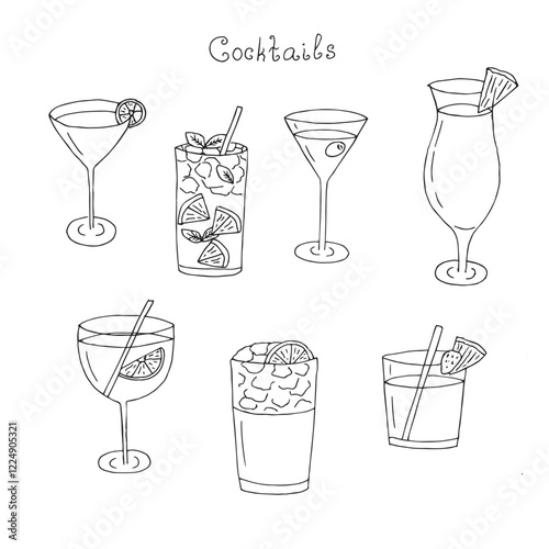 Cocktails set vector illustration, hand drawn doodles