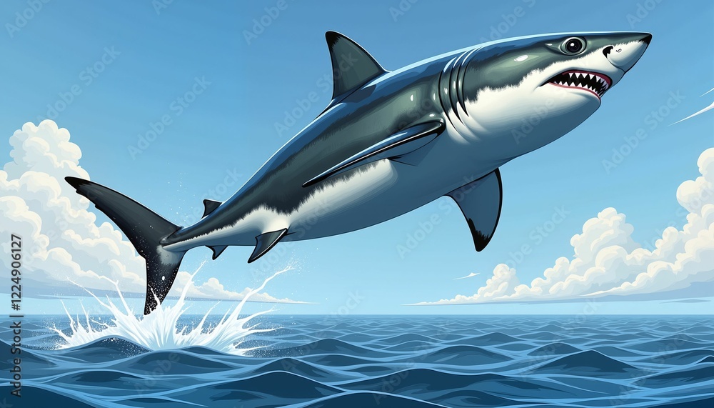 Obraz premium Great white shark breaching above calm ocean at midday, dynamic nature