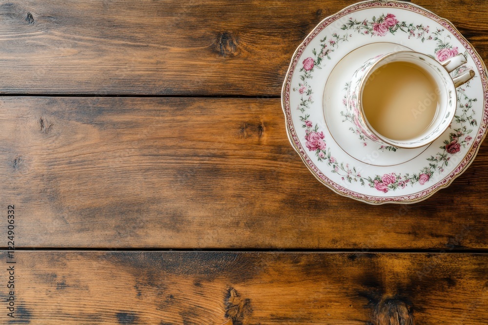 Delicate Floral Tea Cup with Saucer on Rustic Wooden Table Top Background Delicate Floral Tea Cup with Saucer on Rustic Wooden Table Top Background