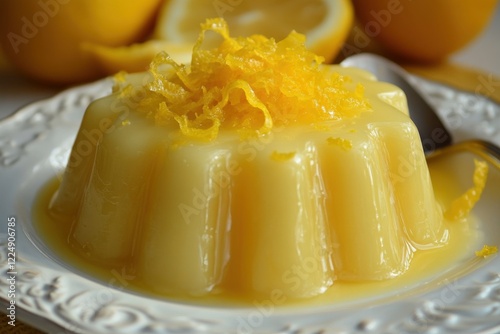 Lemon Pudding Dessert. Homemade Sweet Citrous Puddings with Yellow Lemon Cream photo