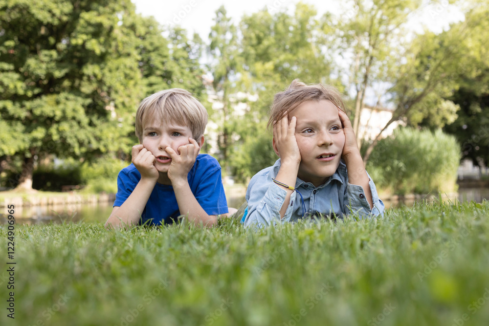 portrait of two boys 8 years old lying on the grass and showing boredom. A moment of rest and reflection. brothers on a walk in the park. Summer holidays portrait of two boys 8 years old lying on the grass and showing boredom. A moment of rest and reflection. brothers on a walk in the park. Summer holidays